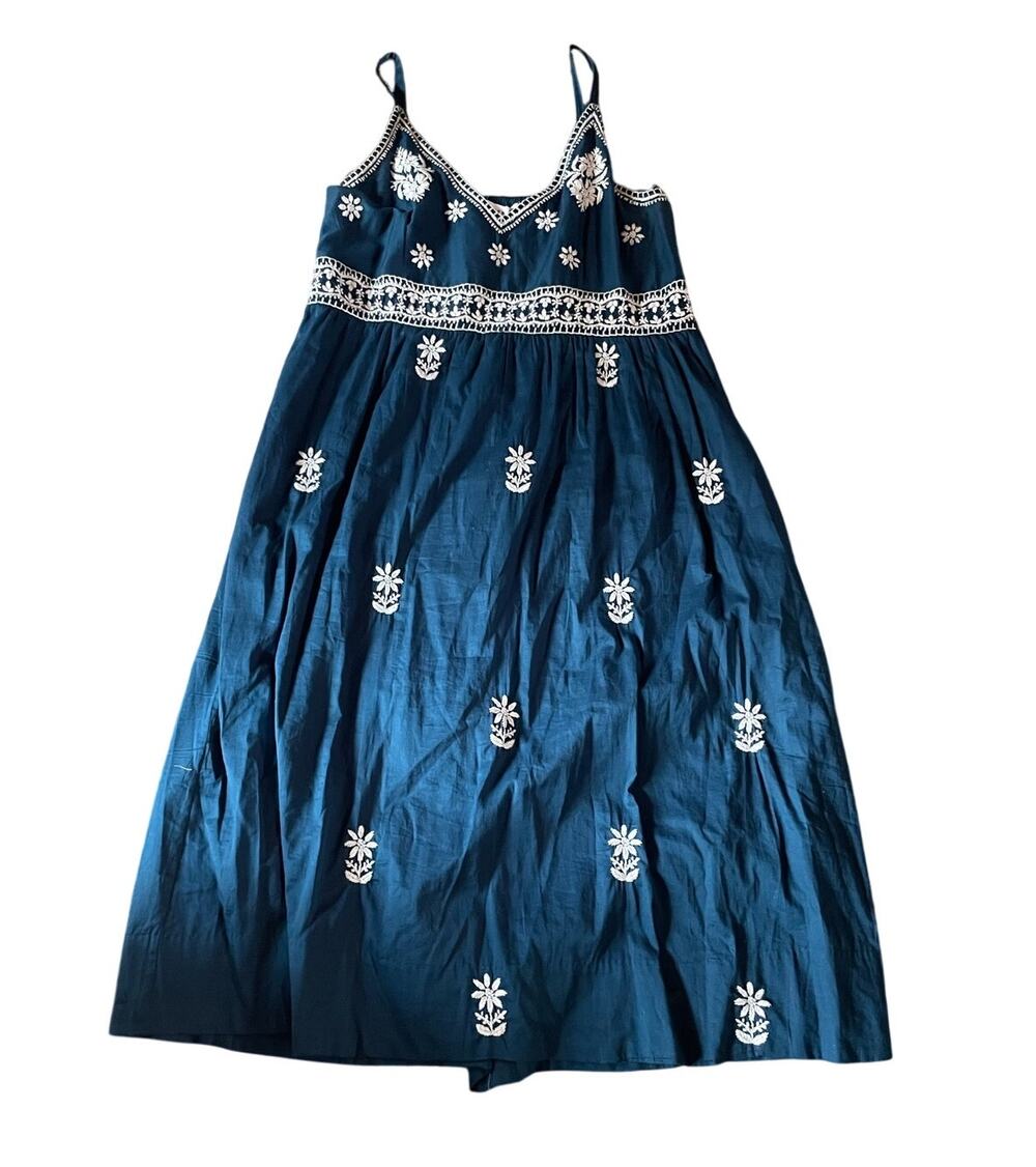 Gretchen Scott Navy Hand Embroidery Tank Midi Smock Back Fiesta Time XL Dress